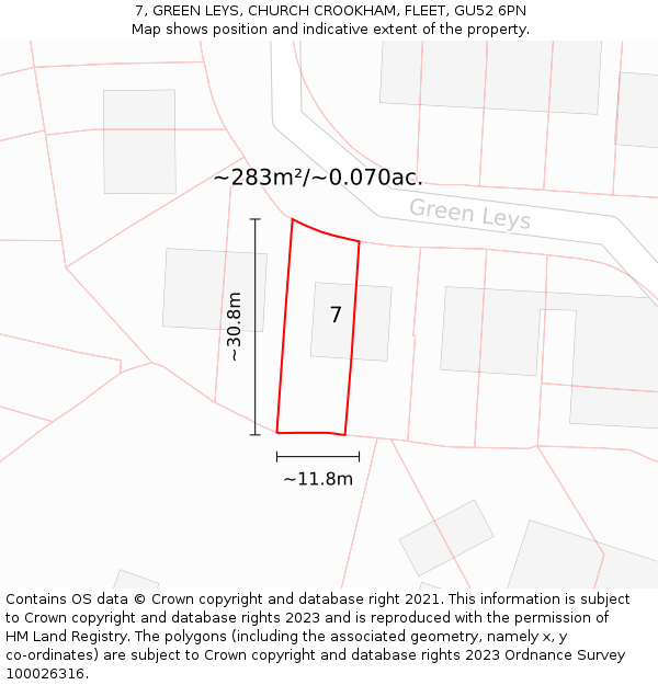 7, GREEN LEYS, CHURCH CROOKHAM, FLEET, GU52 6PN: Plot and title map