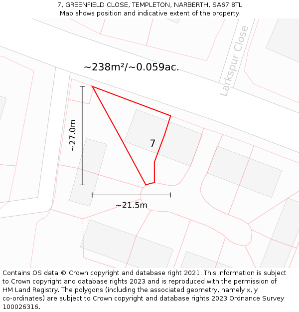 7, GREENFIELD CLOSE, TEMPLETON, NARBERTH, SA67 8TL: Plot and title map