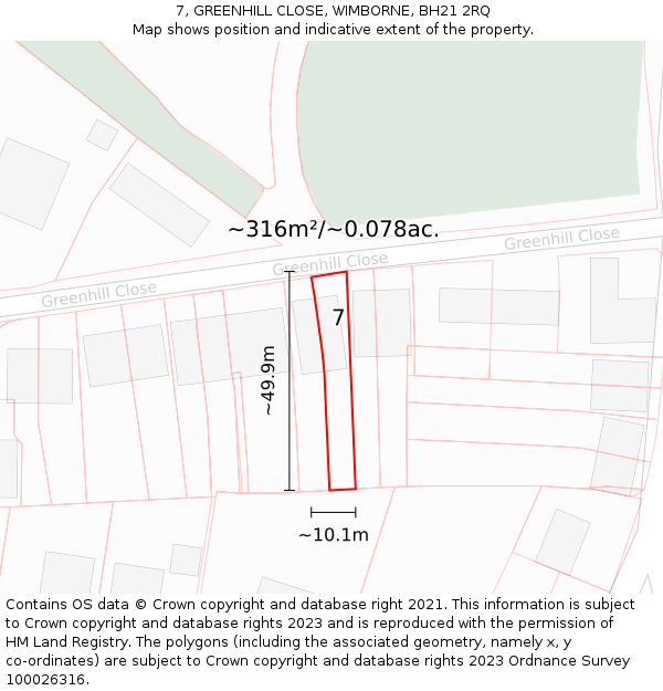 7, GREENHILL CLOSE, WIMBORNE, BH21 2RQ: Plot and title map