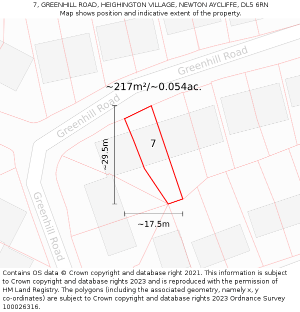 7, GREENHILL ROAD, HEIGHINGTON VILLAGE, NEWTON AYCLIFFE, DL5 6RN: Plot and title map