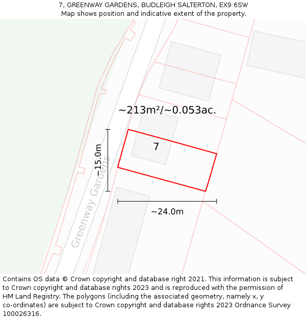 7, GREENWAY GARDENS, BUDLEIGH SALTERTON, EX9 6SW: Plot and title map