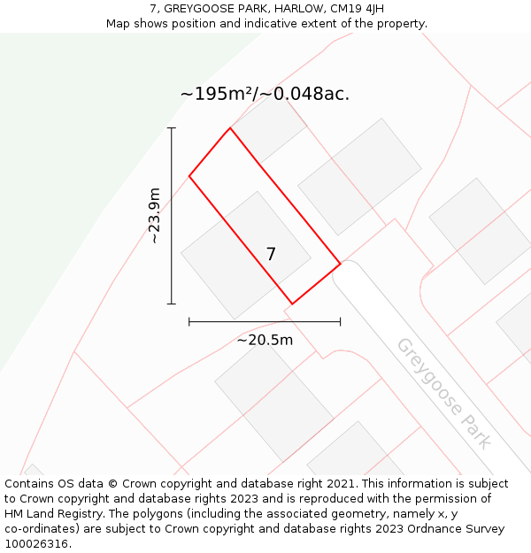 7, GREYGOOSE PARK, HARLOW, CM19 4JH: Plot and title map