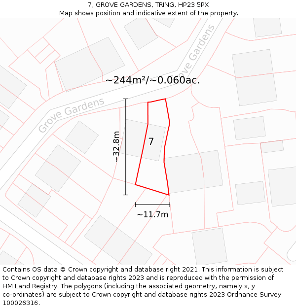 7, GROVE GARDENS, TRING, HP23 5PX: Plot and title map