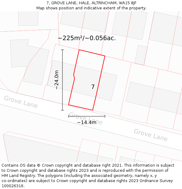 7, GROVE LANE, HALE, ALTRINCHAM, WA15 8JF: Plot and title map