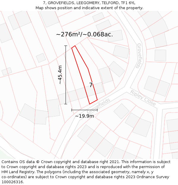 7, GROVEFIELDS, LEEGOMERY, TELFORD, TF1 6YL: Plot and title map