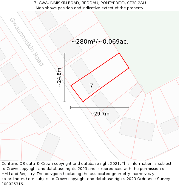 7, GWAUNMISKIN ROAD, BEDDAU, PONTYPRIDD, CF38 2AU: Plot and title map