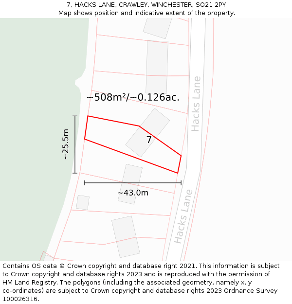 7, HACKS LANE, CRAWLEY, WINCHESTER, SO21 2PY: Plot and title map