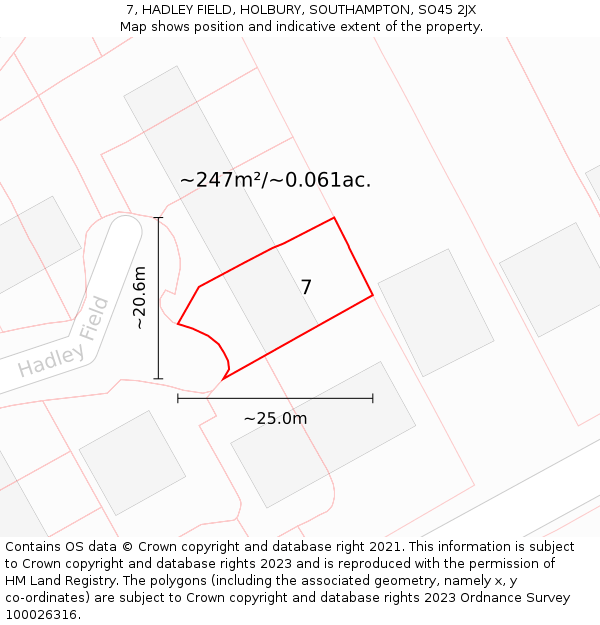 7, HADLEY FIELD, HOLBURY, SOUTHAMPTON, SO45 2JX: Plot and title map