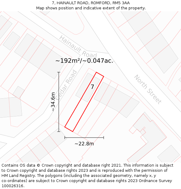 7, HAINAULT ROAD, ROMFORD, RM5 3AA: Plot and title map