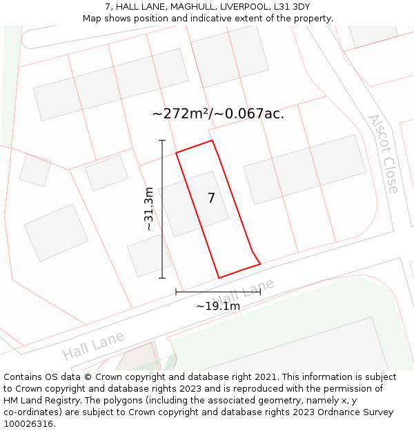 7, HALL LANE, MAGHULL, LIVERPOOL, L31 3DY: Plot and title map