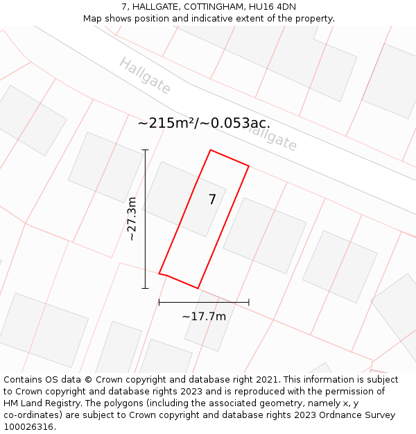 7, HALLGATE, COTTINGHAM, HU16 4DN: Plot and title map