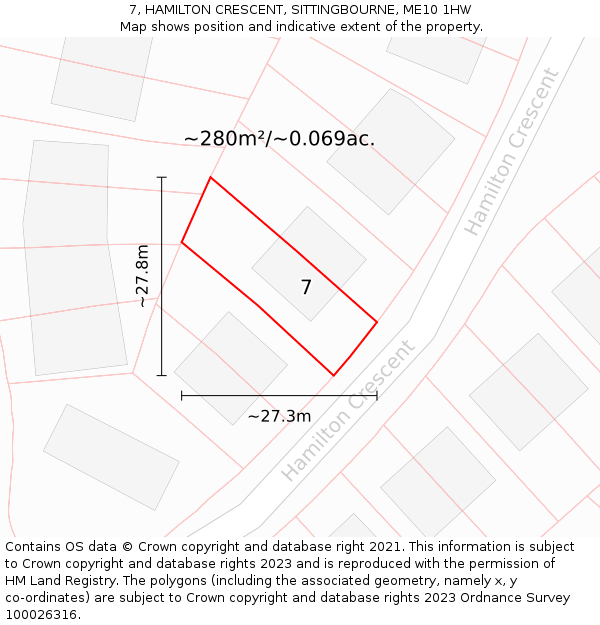 7, HAMILTON CRESCENT, SITTINGBOURNE, ME10 1HW: Plot and title map