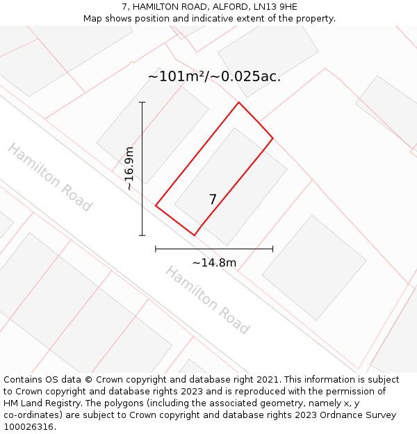 7, HAMILTON ROAD, ALFORD, LN13 9HE: Plot and title map