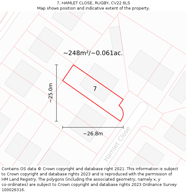 7, HAMLET CLOSE, RUGBY, CV22 6LS: Plot and title map