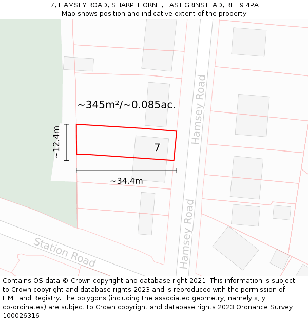 7, HAMSEY ROAD, SHARPTHORNE, EAST GRINSTEAD, RH19 4PA: Plot and title map