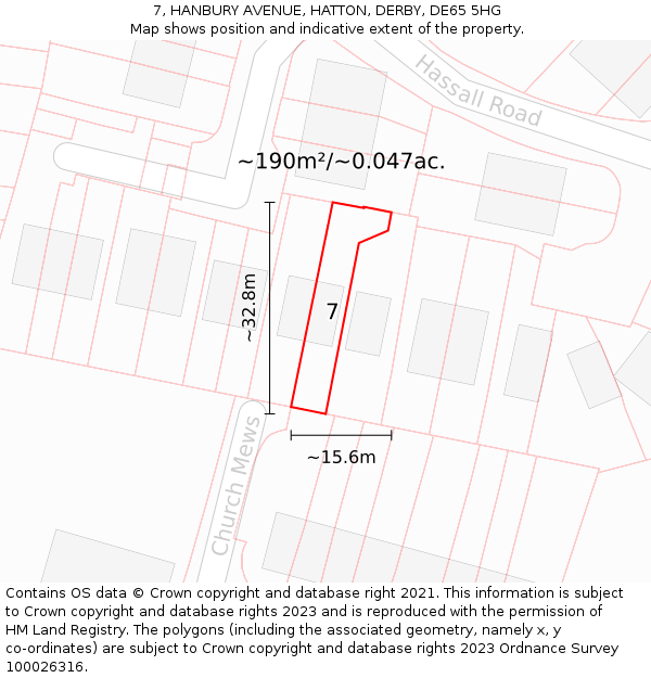 7, HANBURY AVENUE, HATTON, DERBY, DE65 5HG: Plot and title map