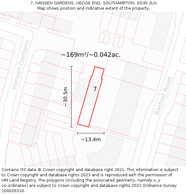 7, HANSEN GARDENS, HEDGE END, SOUTHAMPTON, SO30 2LN: Plot and title map