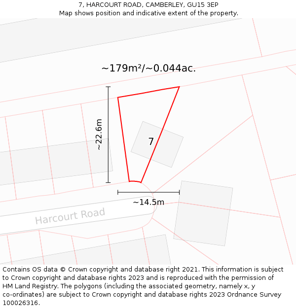 7, HARCOURT ROAD, CAMBERLEY, GU15 3EP: Plot and title map