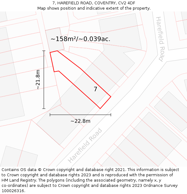 7, HAREFIELD ROAD, COVENTRY, CV2 4DF: Plot and title map