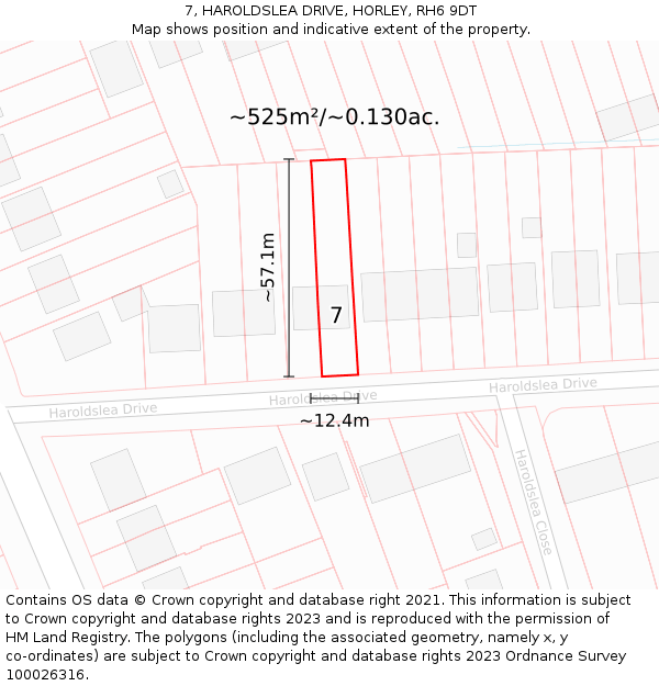 7, HAROLDSLEA DRIVE, HORLEY, RH6 9DT: Plot and title map