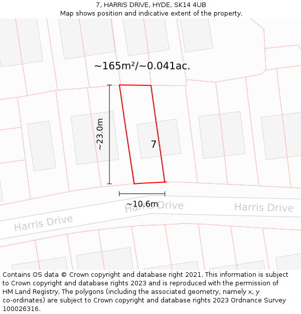 7, HARRIS DRIVE, HYDE, SK14 4UB: Plot and title map