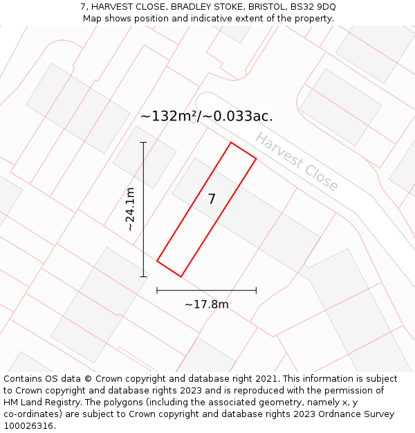 7, HARVEST CLOSE, BRADLEY STOKE, BRISTOL, BS32 9DQ: Plot and title map