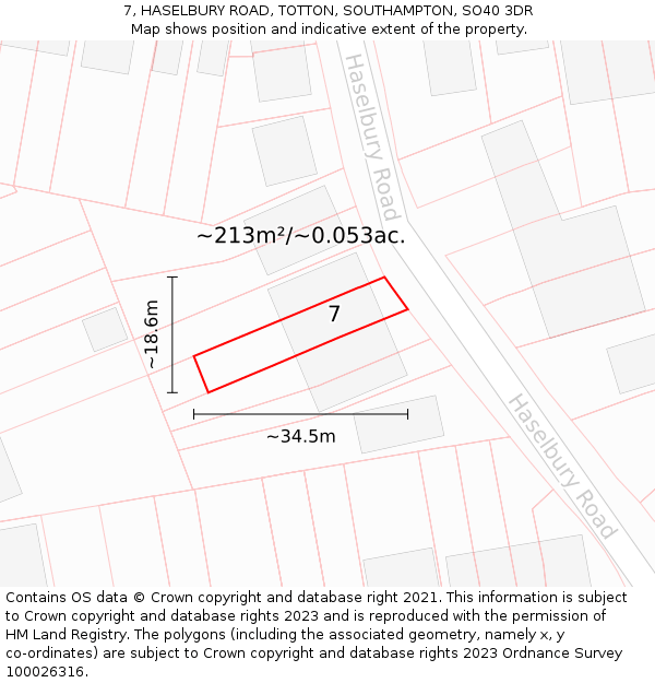 7, HASELBURY ROAD, TOTTON, SOUTHAMPTON, SO40 3DR: Plot and title map