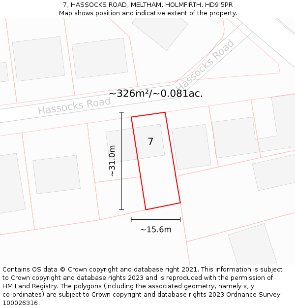 7, HASSOCKS ROAD, MELTHAM, HOLMFIRTH, HD9 5PR: Plot and title map