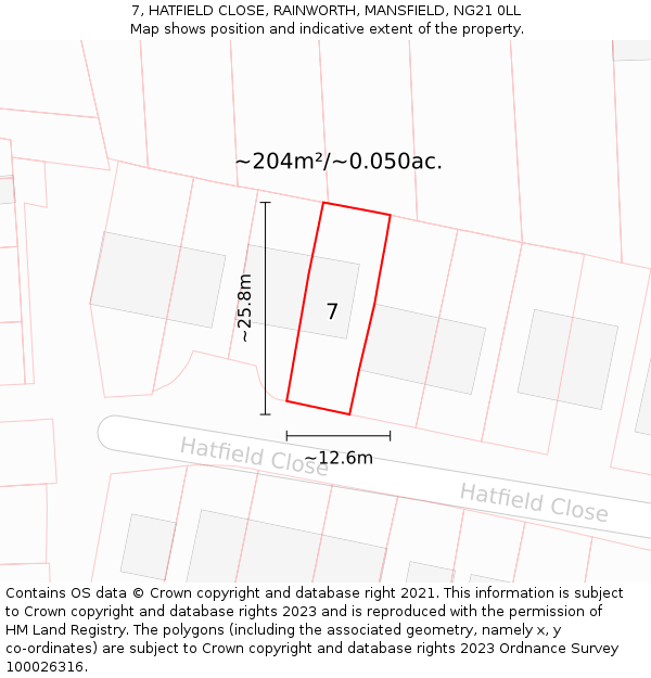 7, HATFIELD CLOSE, RAINWORTH, MANSFIELD, NG21 0LL: Plot and title map