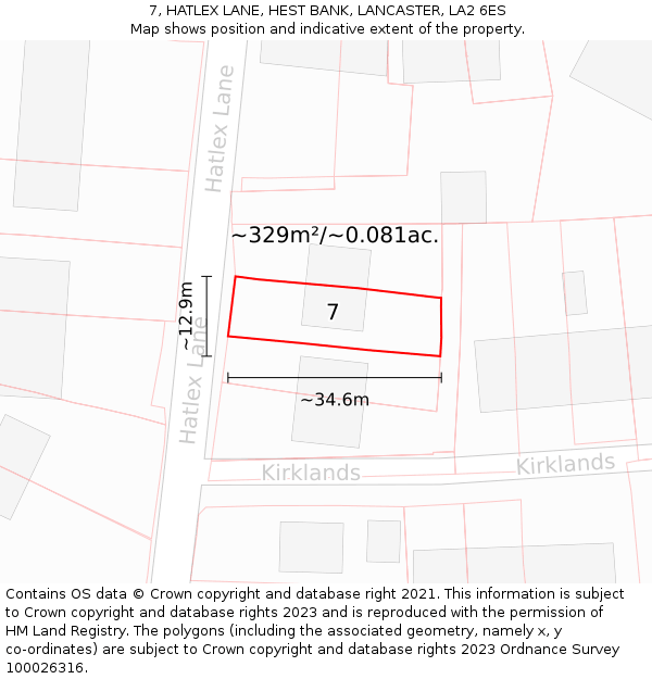 7, HATLEX LANE, HEST BANK, LANCASTER, LA2 6ES: Plot and title map