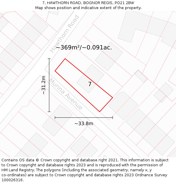 7, HAWTHORN ROAD, BOGNOR REGIS, PO21 2BW: Plot and title map