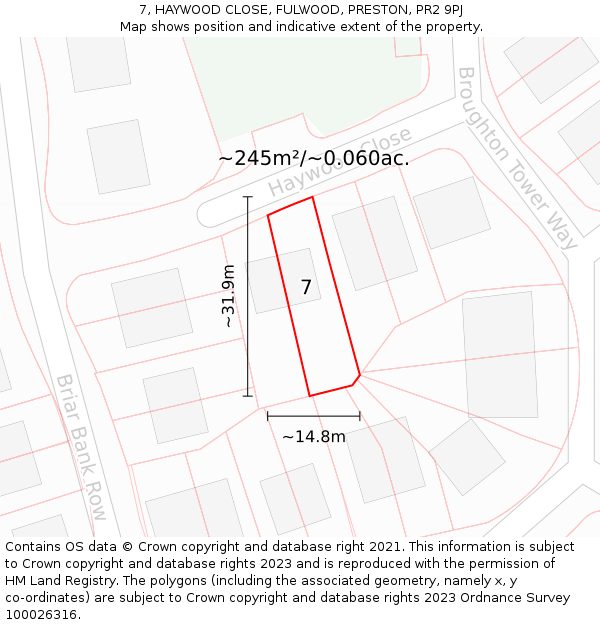 7, HAYWOOD CLOSE, FULWOOD, PRESTON, PR2 9PJ: Plot and title map