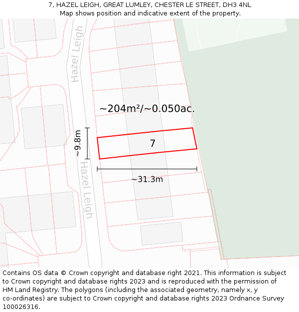 7, HAZEL LEIGH, GREAT LUMLEY, CHESTER LE STREET, DH3 4NL: Plot and title map