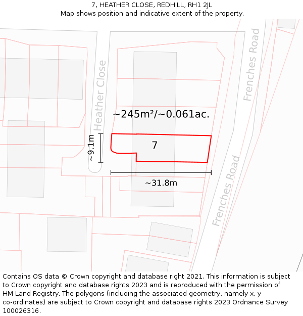 7, HEATHER CLOSE, REDHILL, RH1 2JL: Plot and title map