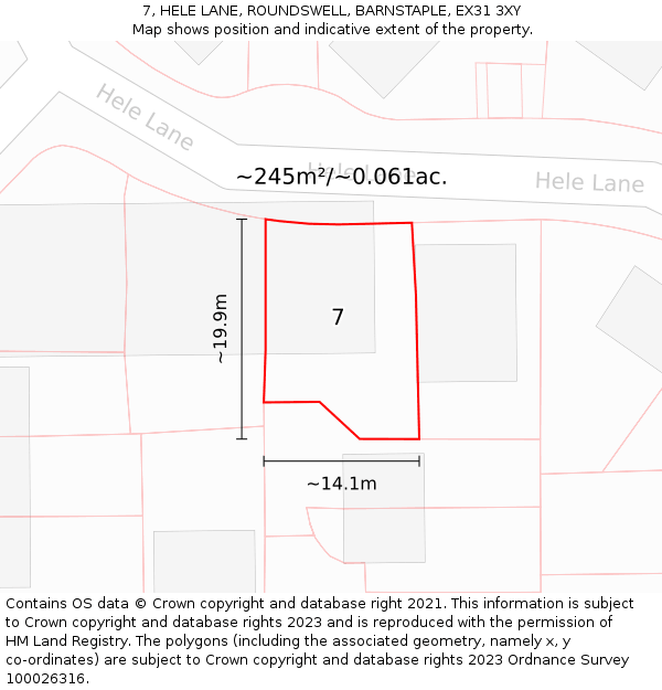 7, HELE LANE, ROUNDSWELL, BARNSTAPLE, EX31 3XY: Plot and title map