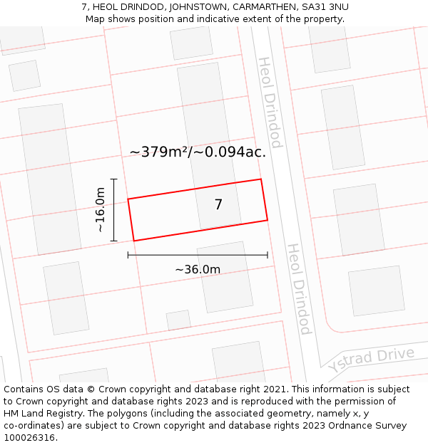 7, HEOL DRINDOD, JOHNSTOWN, CARMARTHEN, SA31 3NU: Plot and title map