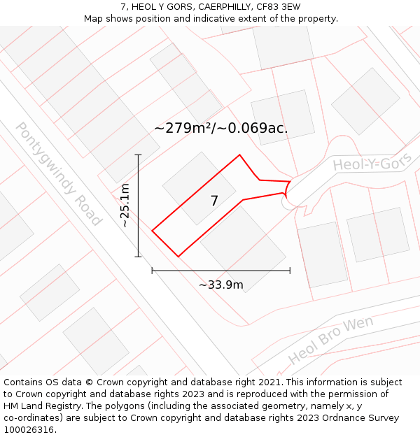 7, HEOL Y GORS, CAERPHILLY, CF83 3EW: Plot and title map