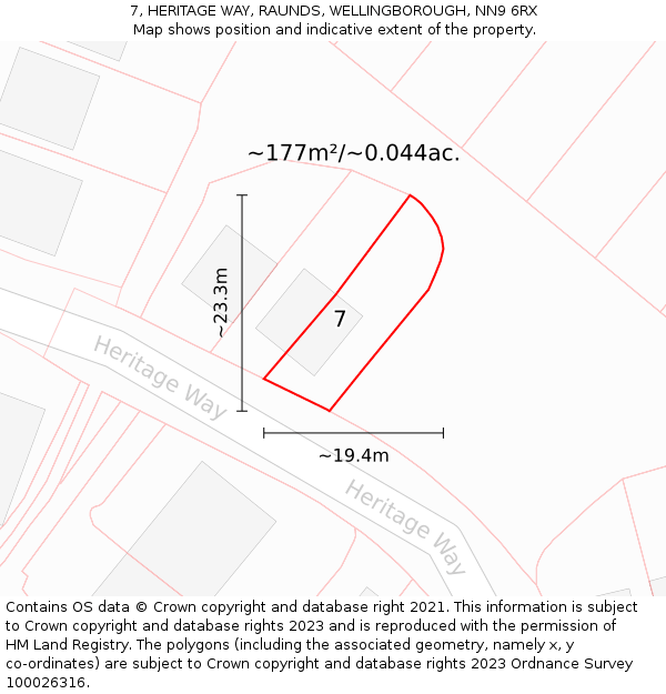 7, HERITAGE WAY, RAUNDS, WELLINGBOROUGH, NN9 6RX: Plot and title map