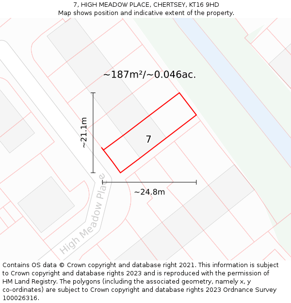 7, HIGH MEADOW PLACE, CHERTSEY, KT16 9HD: Plot and title map