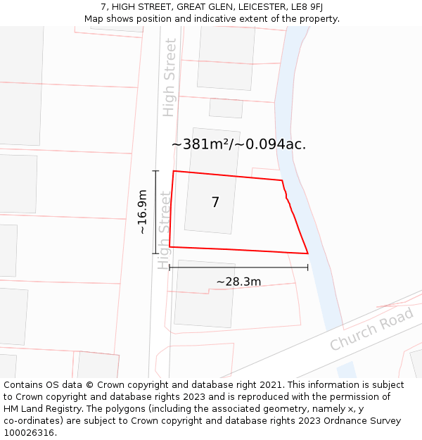 7, HIGH STREET, GREAT GLEN, LEICESTER, LE8 9FJ: Plot and title map