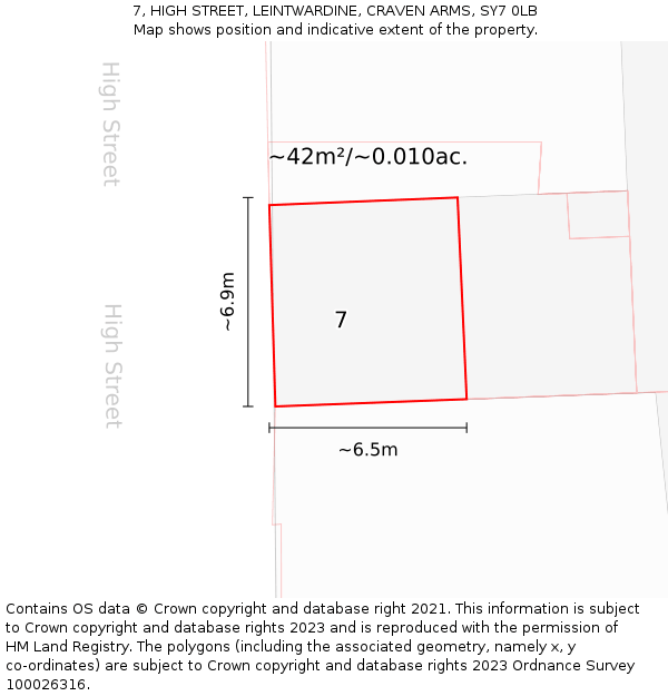 7, HIGH STREET, LEINTWARDINE, CRAVEN ARMS, SY7 0LB: Plot and title map