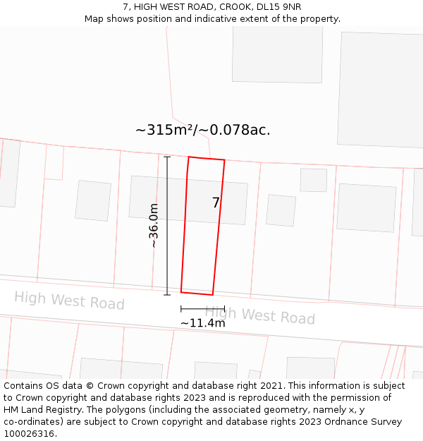 7, HIGH WEST ROAD, CROOK, DL15 9NR: Plot and title map