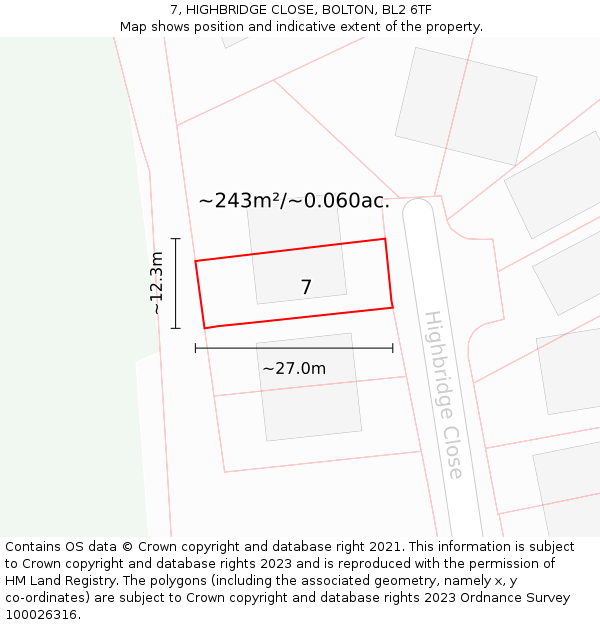 7, HIGHBRIDGE CLOSE, BOLTON, BL2 6TF: Plot and title map