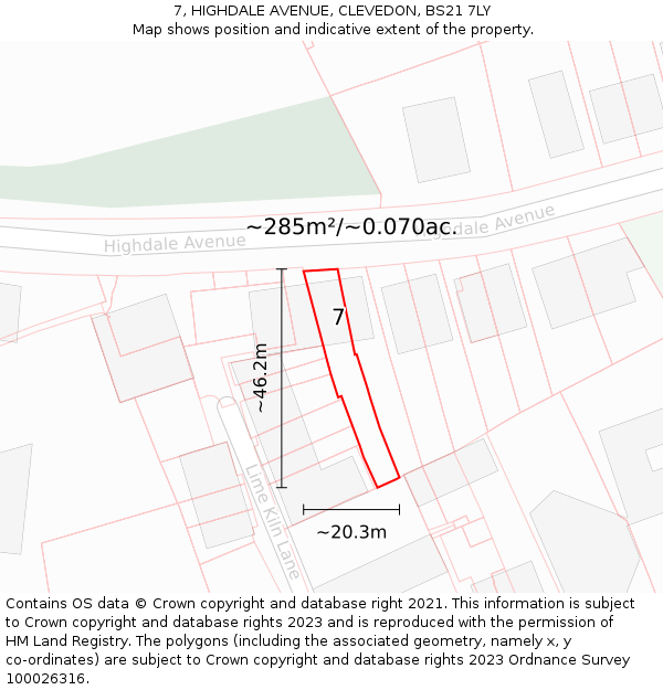 7, HIGHDALE AVENUE, CLEVEDON, BS21 7LY: Plot and title map