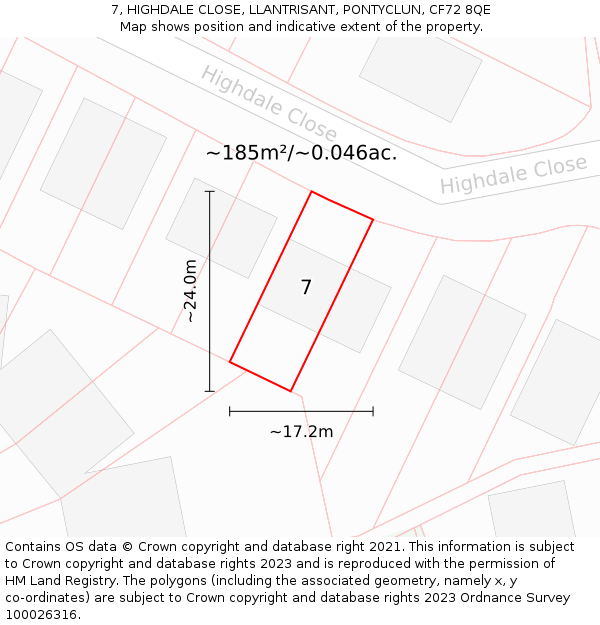 7, HIGHDALE CLOSE, LLANTRISANT, PONTYCLUN, CF72 8QE: Plot and title map