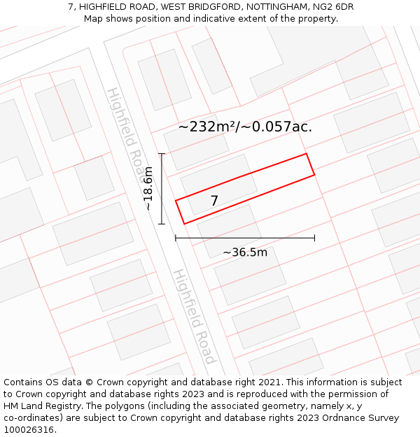 7, HIGHFIELD ROAD, WEST BRIDGFORD, NOTTINGHAM, NG2 6DR: Plot and title map