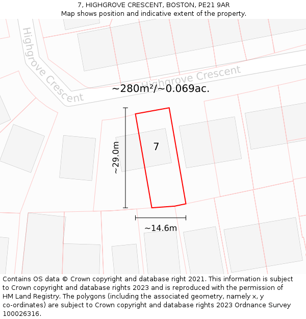 7, HIGHGROVE CRESCENT, BOSTON, PE21 9AR: Plot and title map