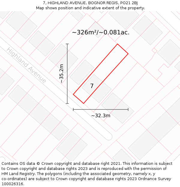 7, HIGHLAND AVENUE, BOGNOR REGIS, PO21 2BJ: Plot and title map