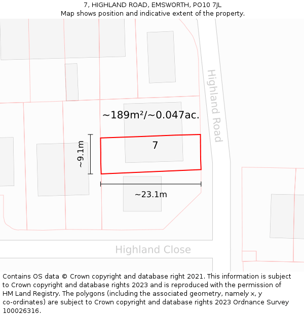 7, HIGHLAND ROAD, EMSWORTH, PO10 7JL: Plot and title map