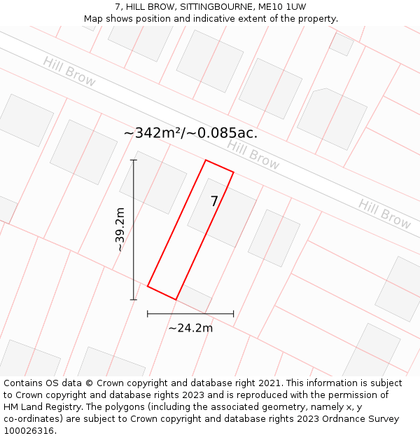 7, HILL BROW, SITTINGBOURNE, ME10 1UW: Plot and title map